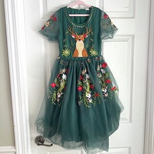 Mini Taylor Reindeer Floral Tulle Dress 7-8Y Girls Forest Green Christmas Party